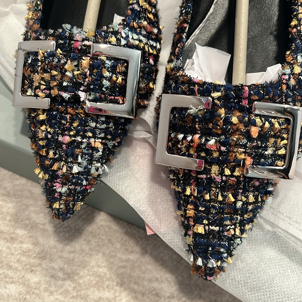 Pointed Toe Multicolor Navy Tweed Flats with Silver Buckle Size 38 #P01 - Picture 5 of 10